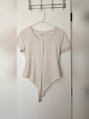 American Eagle Outfitters Ribbed Short-Sleeve Henley Bodysuit - Beige